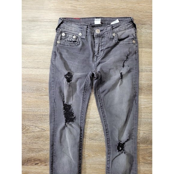 True Religion Women's 26 Stretch Charcoal Curvy Skinny Jeans Factory Distressed - Picture 2 of 9